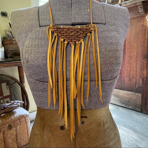 HANDMADE Gold Deerskin Leather Fringe Shield Necklace - Picture 1 of 5